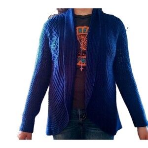 HANNAH Royal Blue Open Front Cardigan Sweater Women's Size M Ribbed Knit Soft
